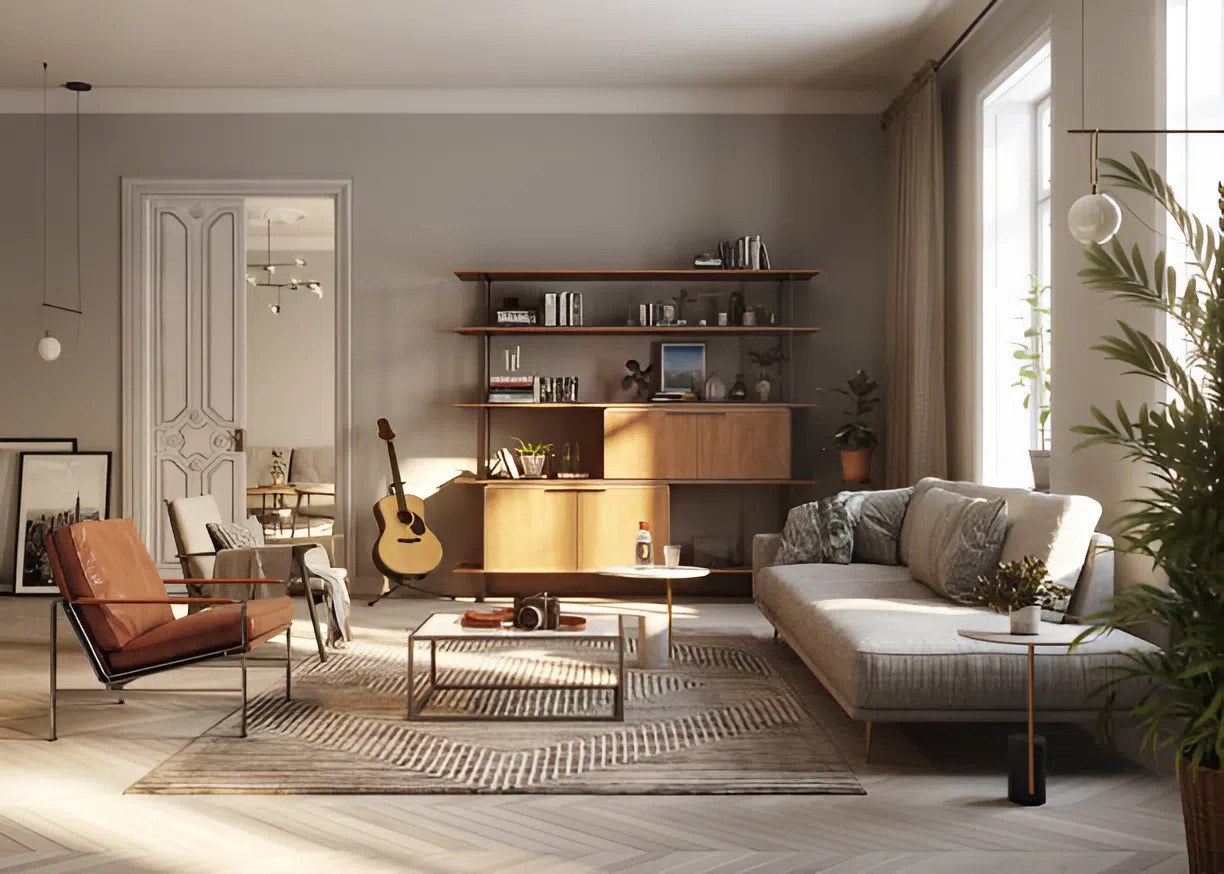 Neutral living room painted by an interior painter in Franklin, MA, with soft gray walls and modern minimalist décor