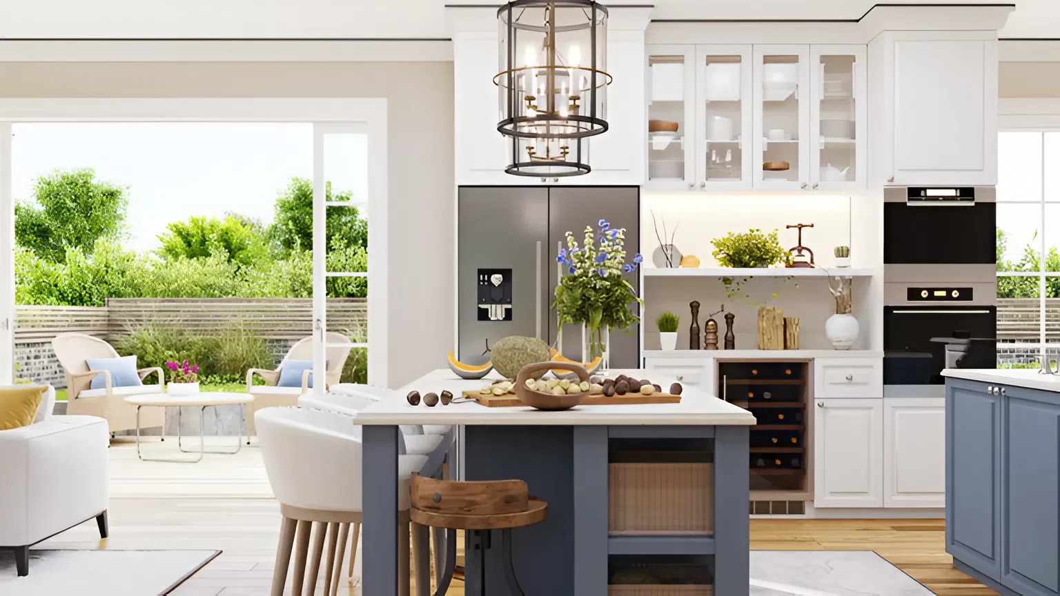 Cohesive color palette featuring white and blue cabinetry, warm wood accents.