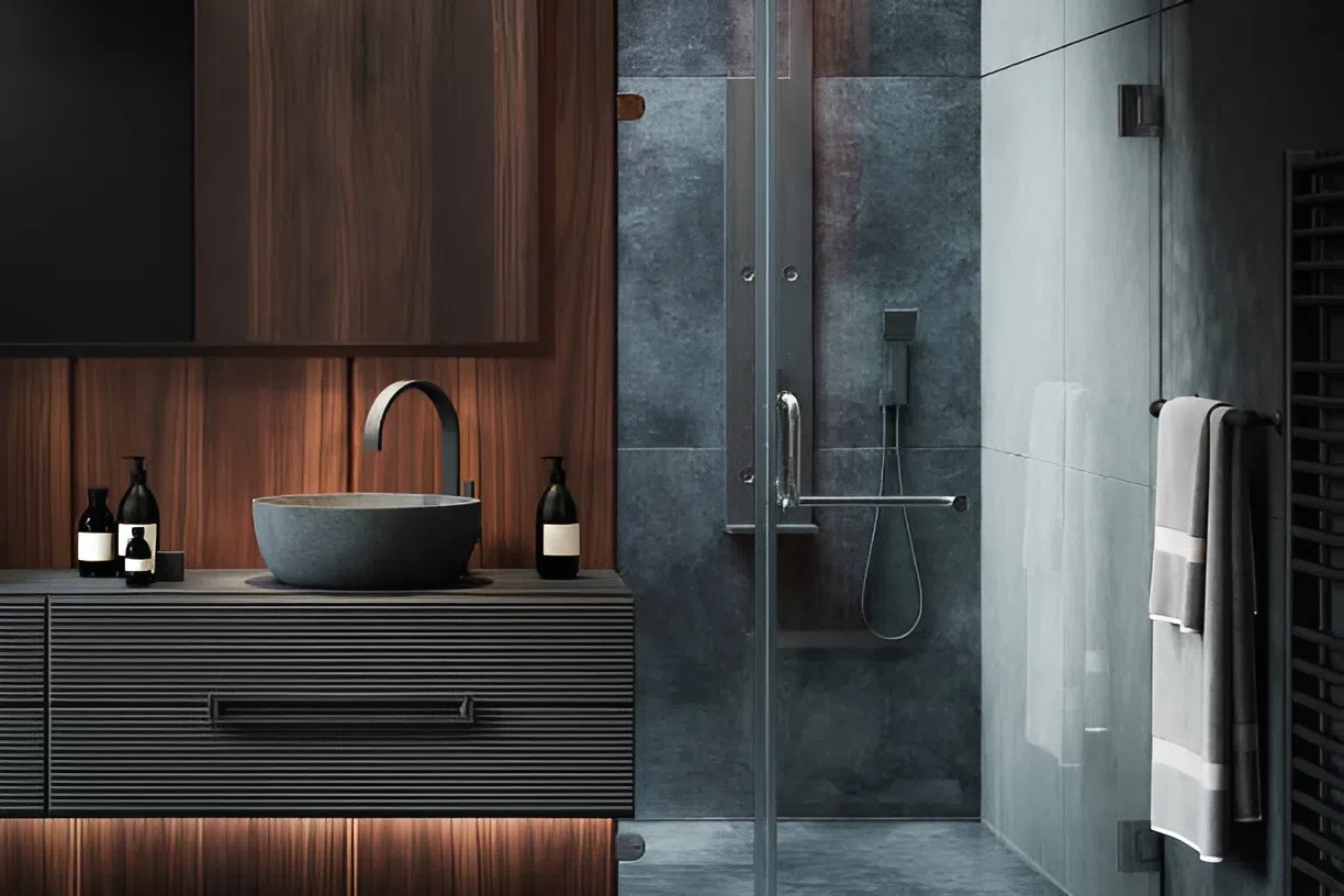 Modern bathroom with dark wood panels and cool gray walls painted by an Interior Painter in Franklin, MA