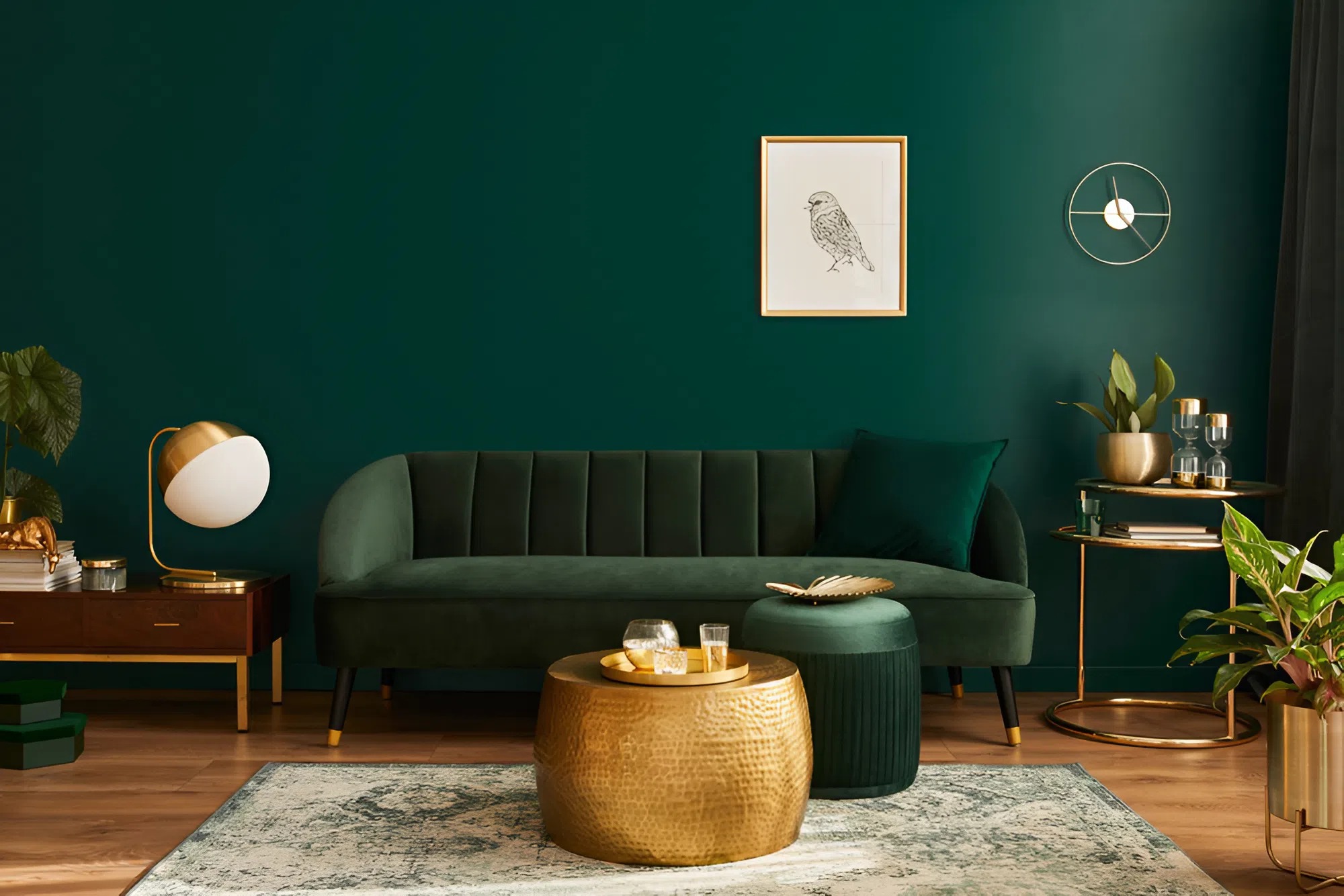 Deep emerald green walls with gold décor accents painted by a house painter in Ashland, MA