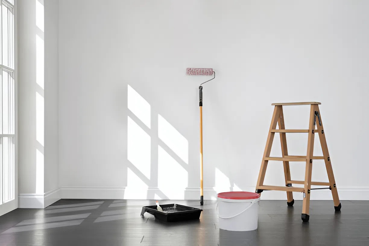 Interior painting setup with paint tray against a freshly prepped wall