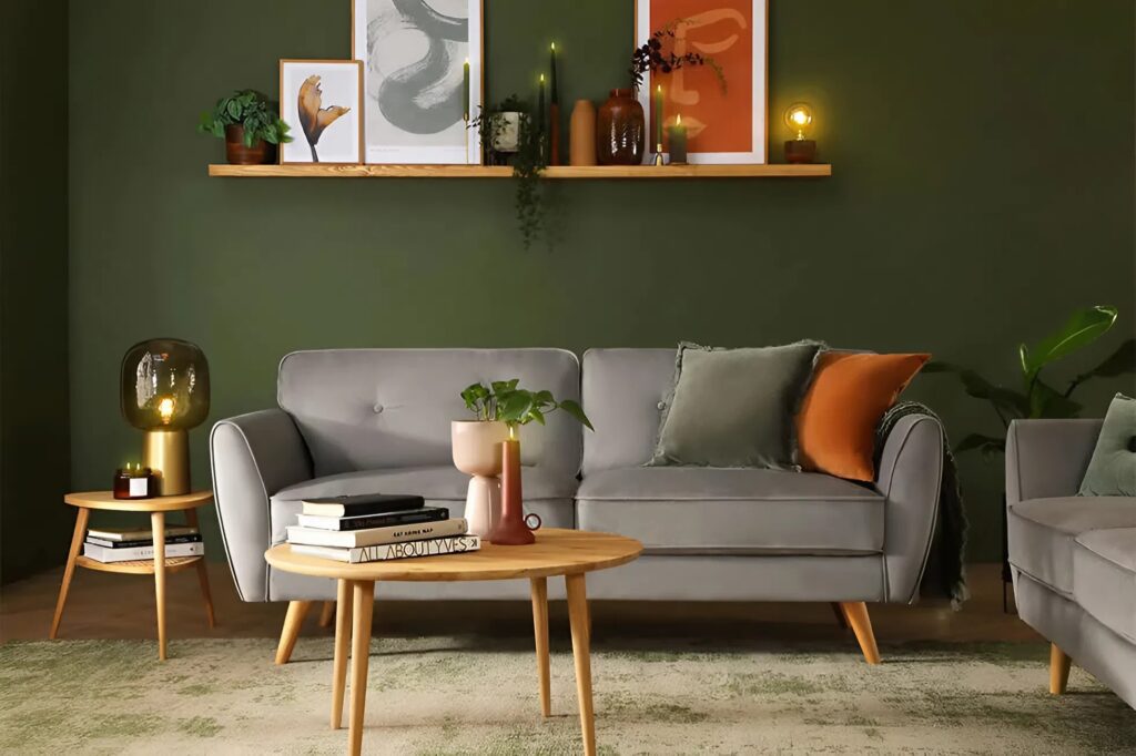 Deep olive green interior wall paint paired with warm wood accents by an interior painter in Franklin, MA