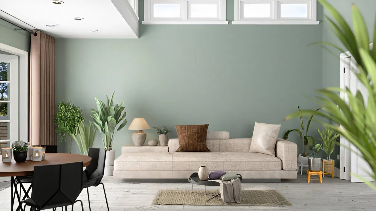 Soft sage green wall paint with neutral finishes and white trims by an interior painter in Franklin, MA