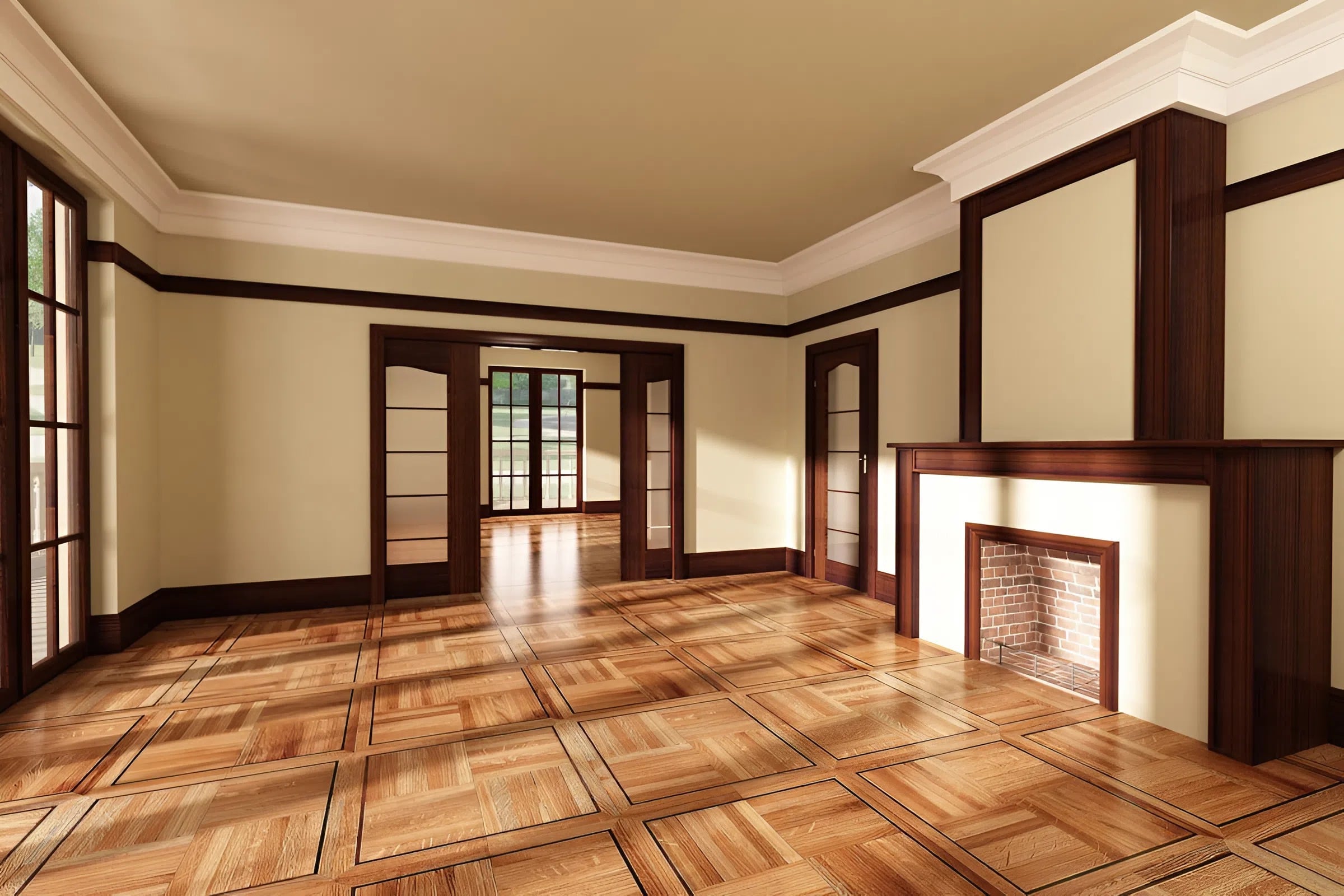 High-end light carpentry in Franklin, MA, featuring handcrafted dark wood crown molding, a fireplace mantel, and decorative door trim