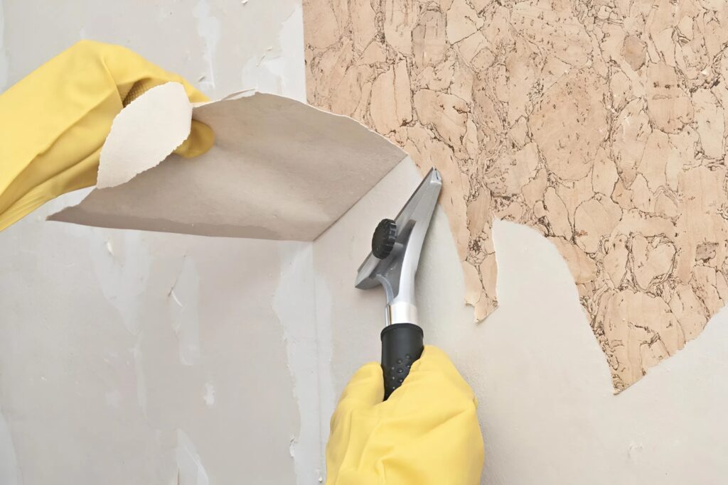 Wallpaper removal in progress with scraper tool and peeling layers by an interior painter in Hopkinton, MA