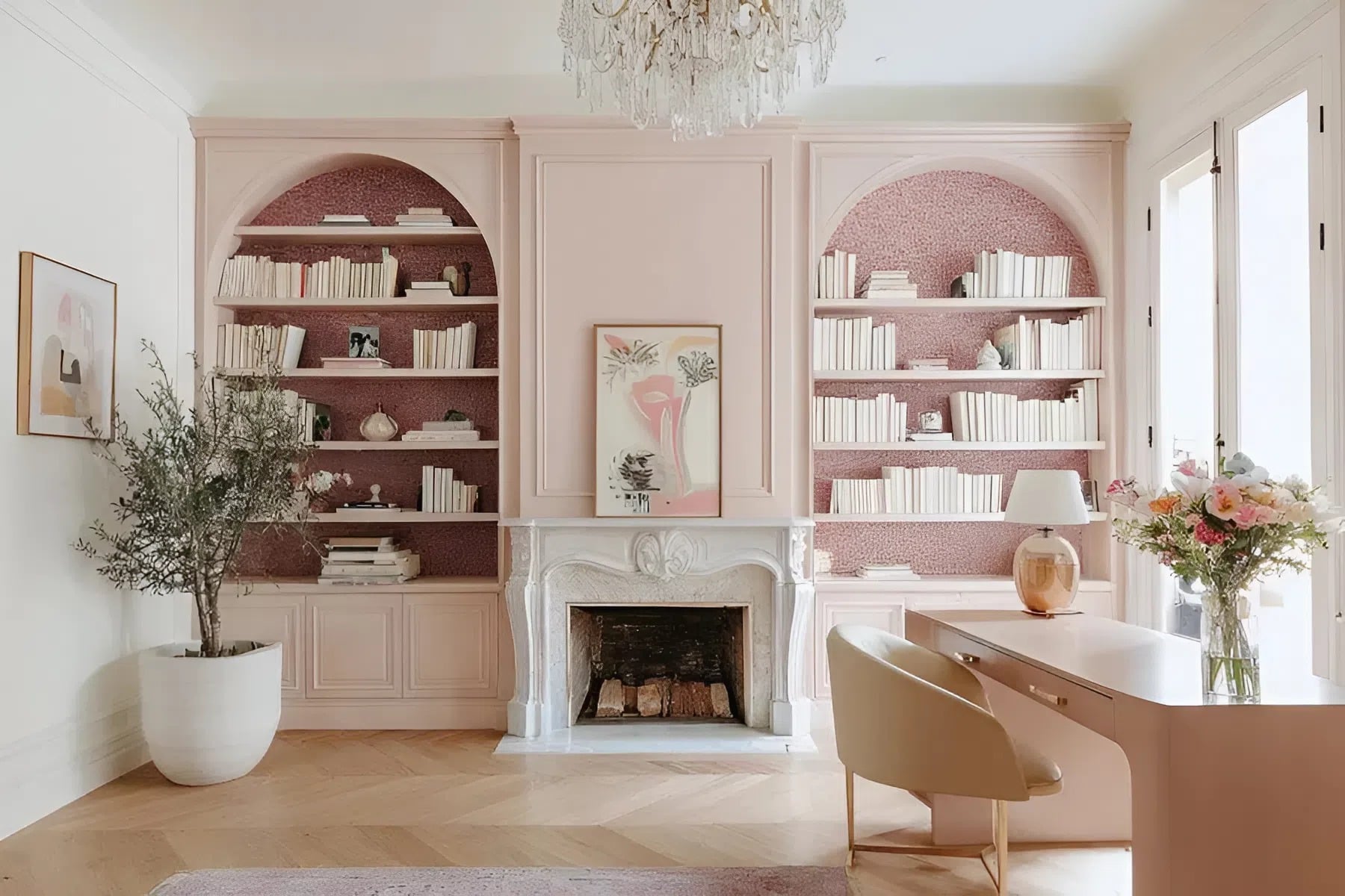 Soft blush pink interior wall paint with smooth, even finish, applied by a house painter in Northborough, MA