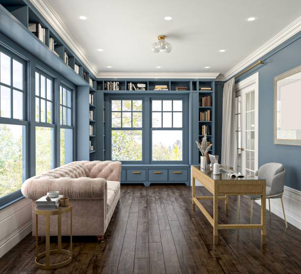 Home office with fresh blue wall paint, clean trims, and ceiling by a house painter in Hopkinton, MA