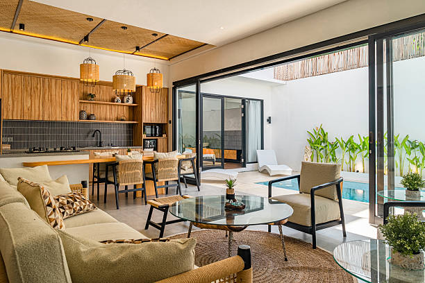 House interior with an open plan and big windows