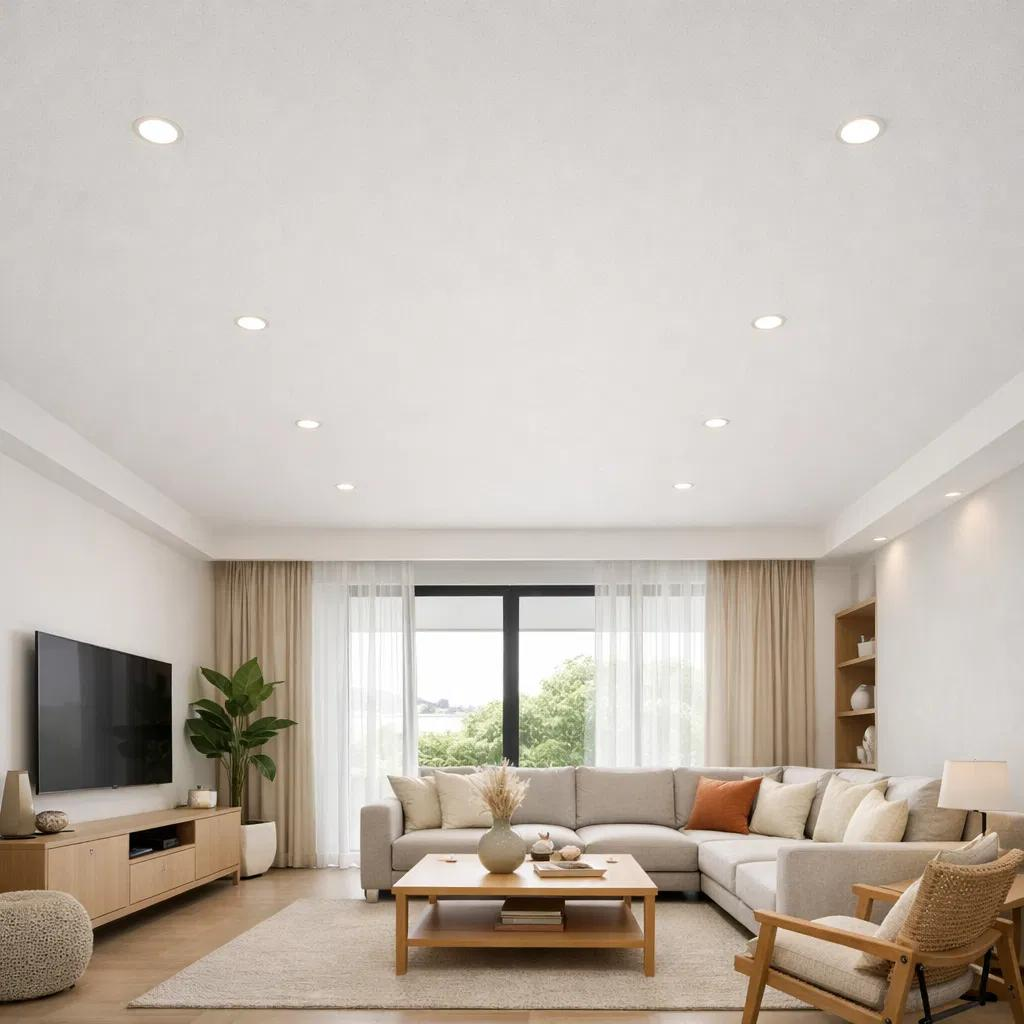 Living room with a smooth and freshly painted ceiling by an interior painter in Ashland, MA.